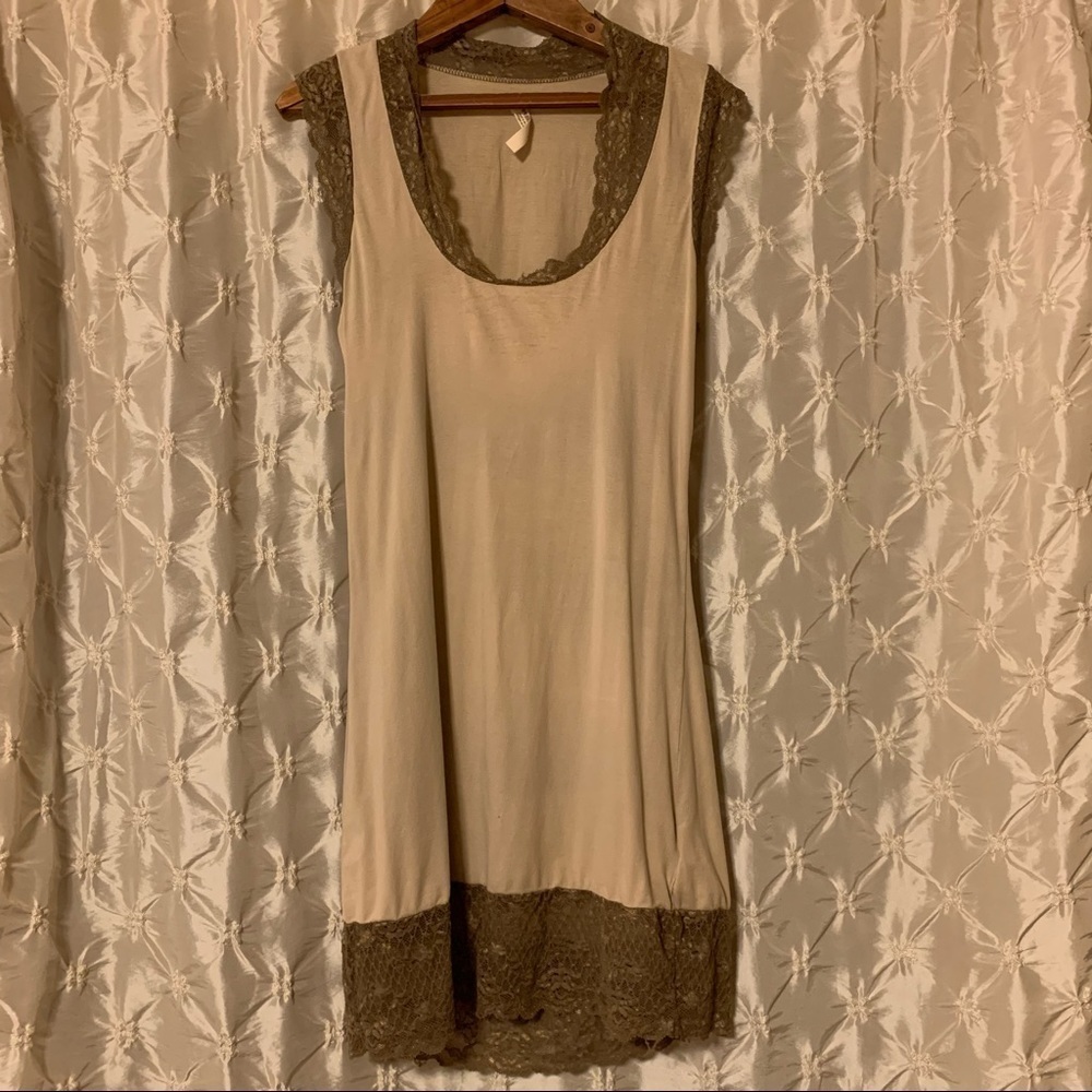 Free People Brown Lace Trim Sleeveless Tunic Tank Vintage 00s VTG Y2K